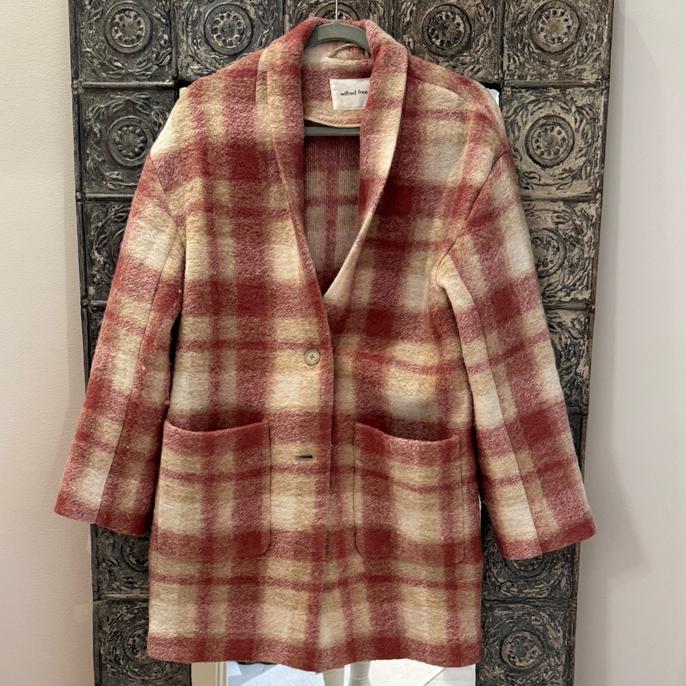 Wilfred Plaid Shawl-Collar Pea Coat in Dusty Rose and Cream